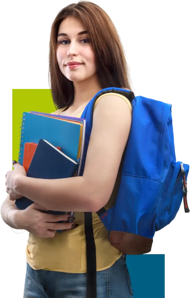 Diák könyvekkel és hátizsákkal